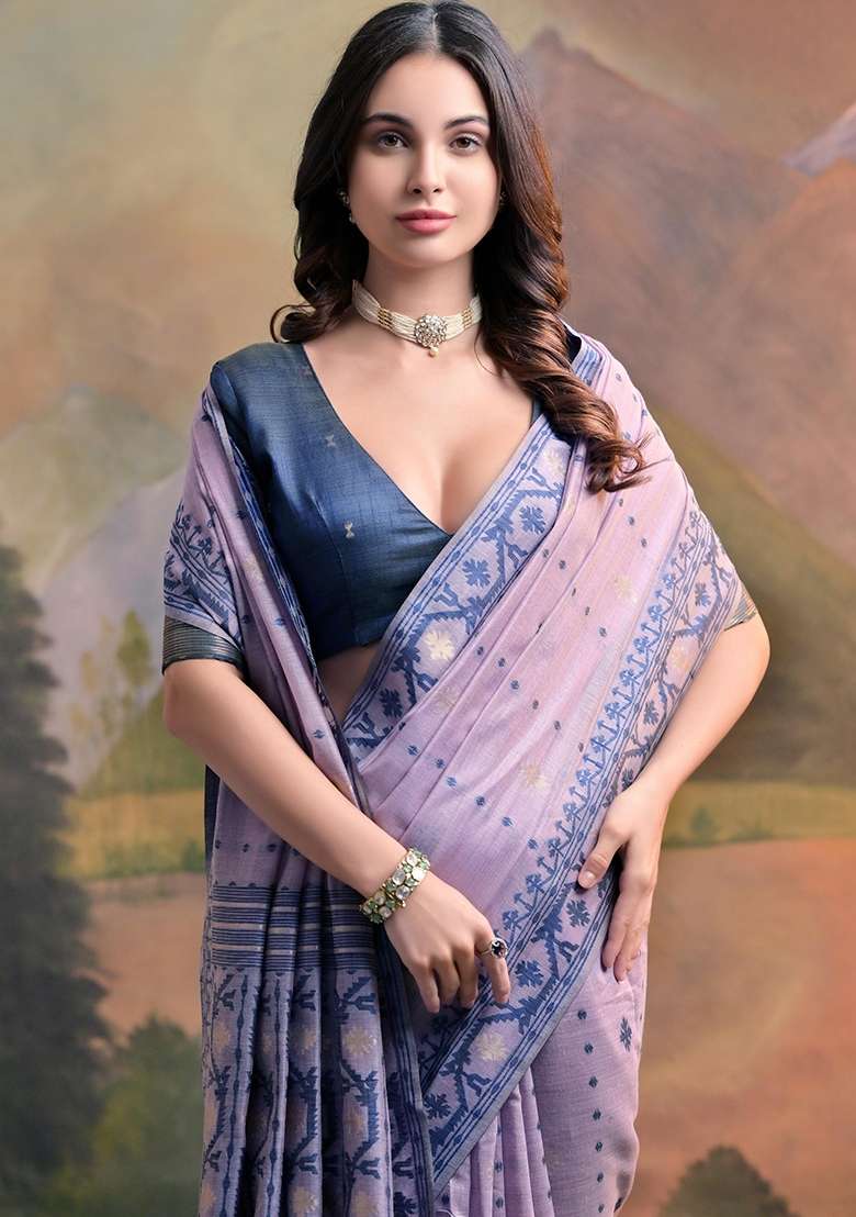 Lavender Cotton Saree Set with Embroidered for Diwali | Wedding & Festive Wear - Indya