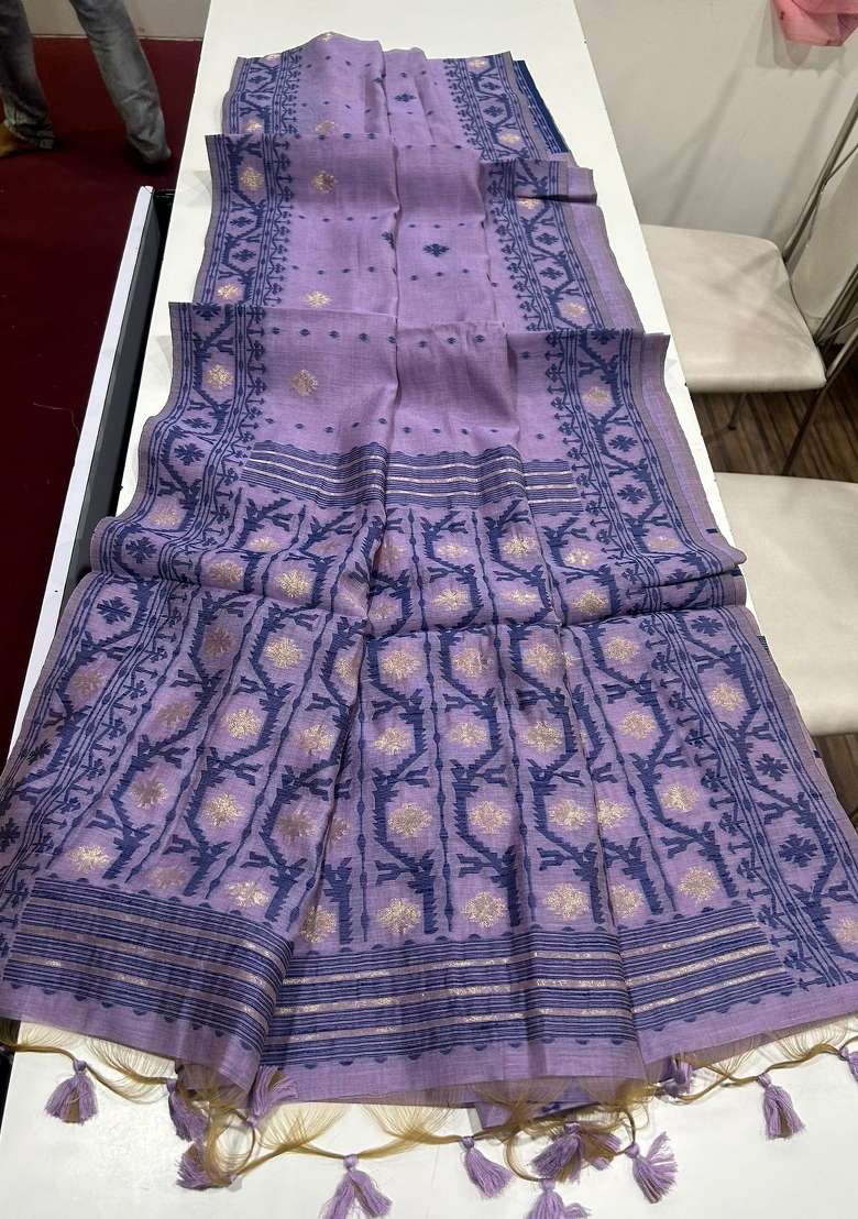 Lavender Cotton Saree Set with Embroidered for Diwali | Wedding & Festive Wear - Indya