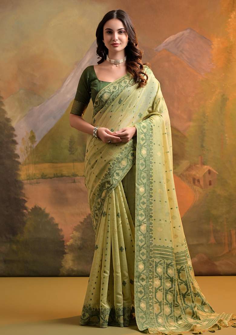 Pista Green Embroidered Cotton Saree Set for Diwali and Festive Wear - Indya