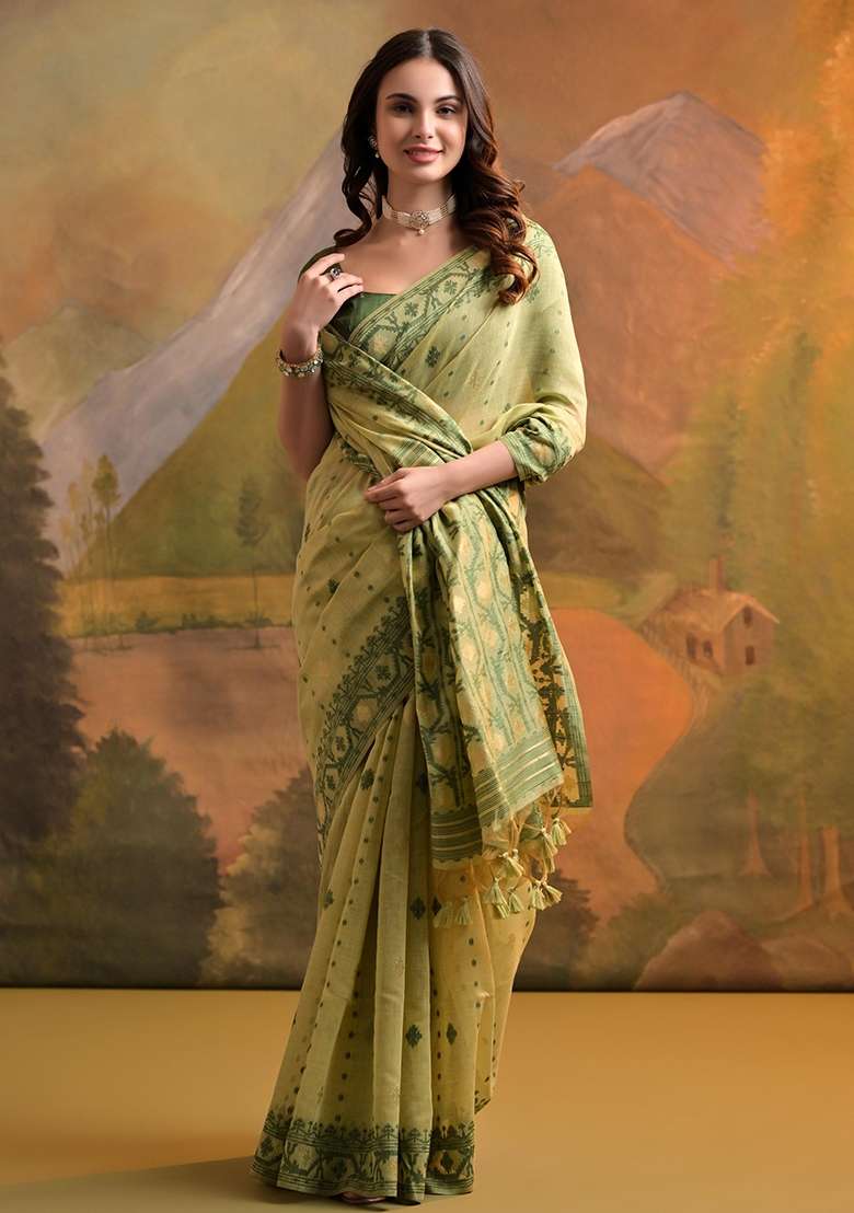 Pista Green Embroidered Cotton Saree Set for Diwali and Festive Wear - Indya