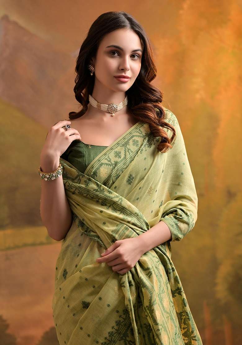 Pista Green Embroidered Cotton Saree Set for Diwali and Festive Wear - Indya
