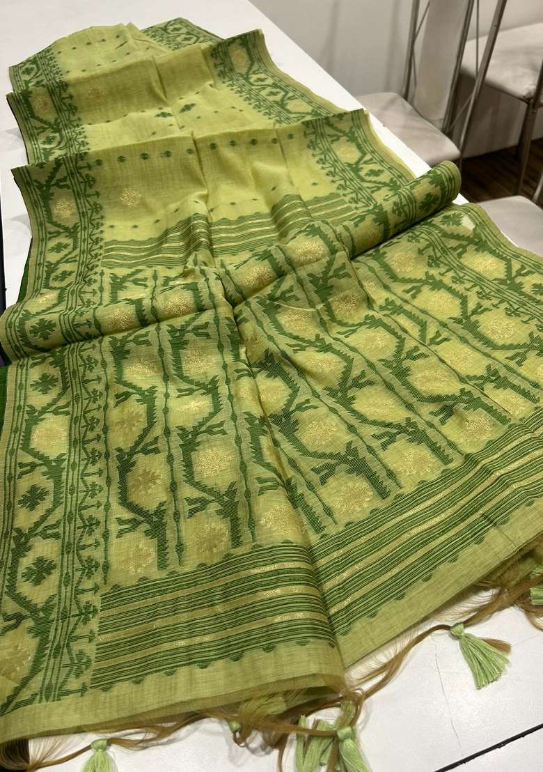 Pista Green Embroidered Cotton Saree Set for Diwali and Festive Wear - Indya