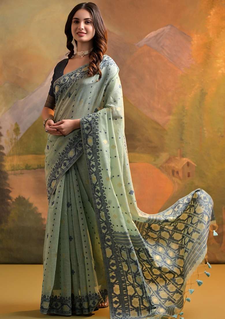 Sea Green Embroidered Cotton Saree Set for Diwali and Festive Wear - Indya