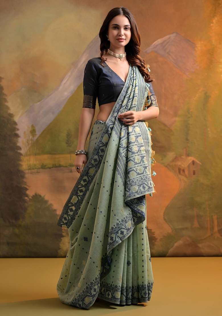 Sea Green Embroidered Cotton Saree Set for Diwali and Festive Wear - Indya