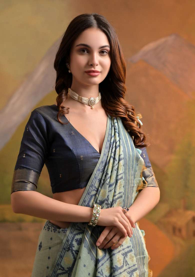 Sea Green Embroidered Cotton Saree Set for Diwali and Festive Wear - Indya