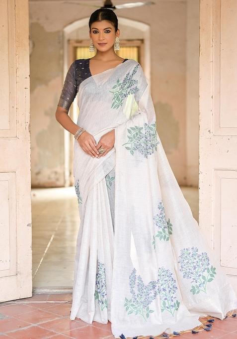 Blue Embroidered Cotton Saree Set