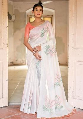 Peach Embroidered Cotton Saree Set