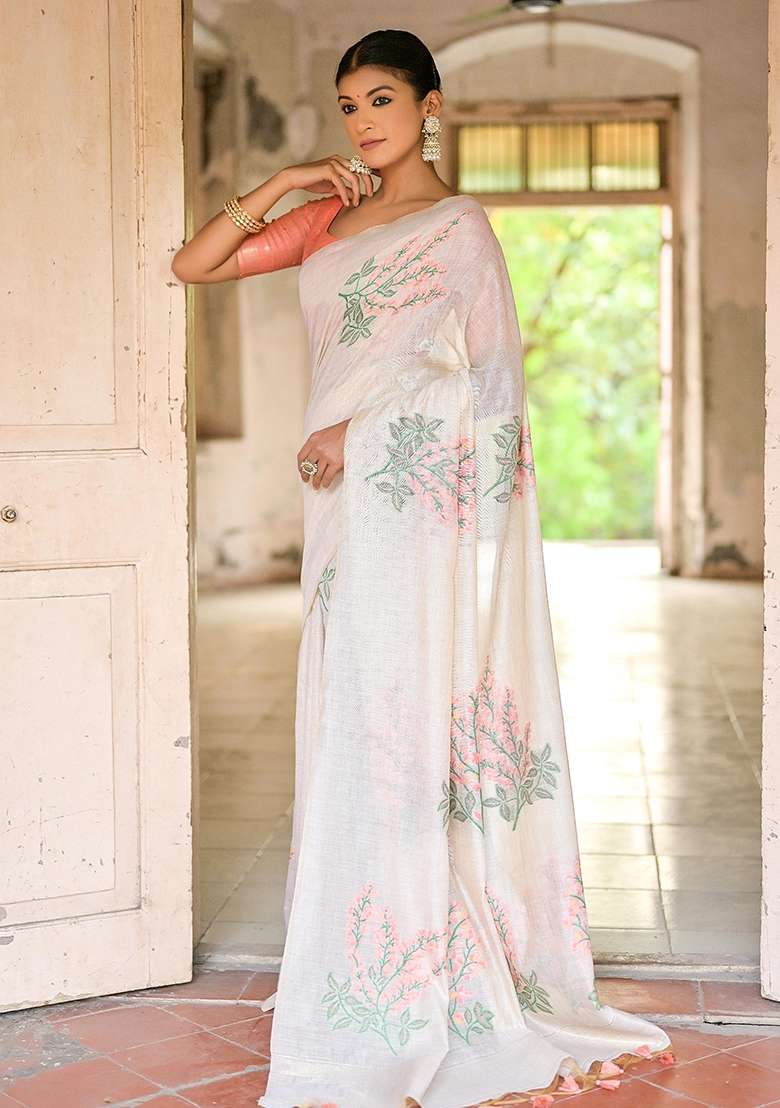 Peach Embroidered Cotton Saree Set for Diwali and Festive Wear - Indya