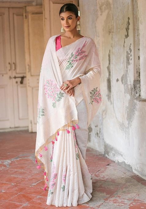 Pink Embroidered Cotton Saree Set