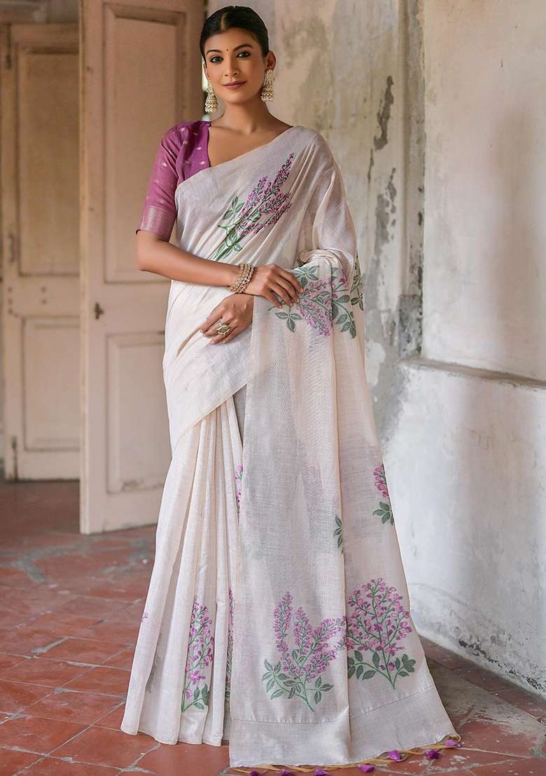 Wine Cotton Saree Set with Embroidered for Diwali | Wedding & Festive Wear - Indya