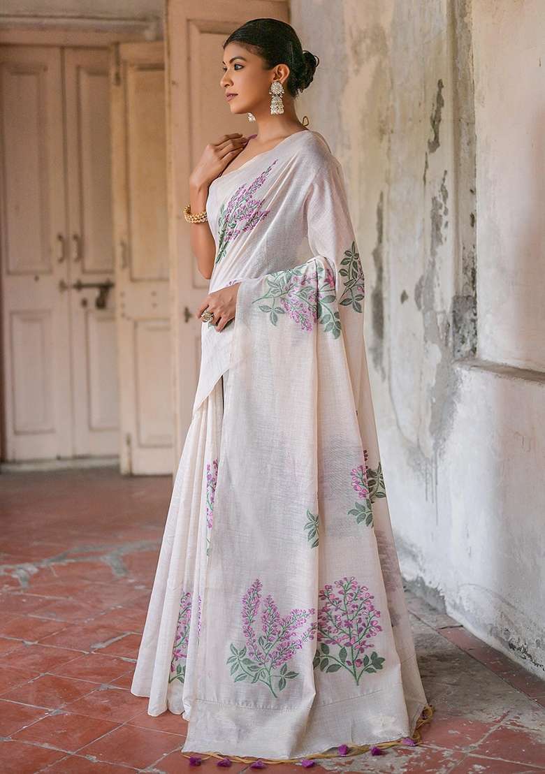Wine Cotton Saree Set with Embroidered for Diwali | Wedding & Festive Wear - Indya