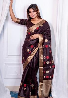 Brown Jamdani Weaving Linen Silk Blend Saree Set