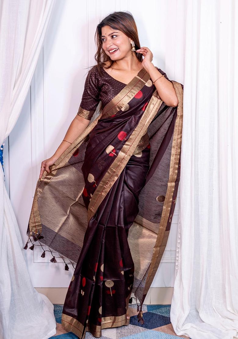 Brown Jamdani Weaving Linen Silk Saree Set
