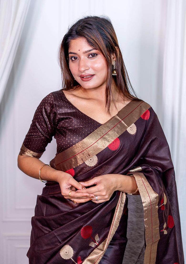 Brown Jamdani Weaving Linen Silk Saree Set