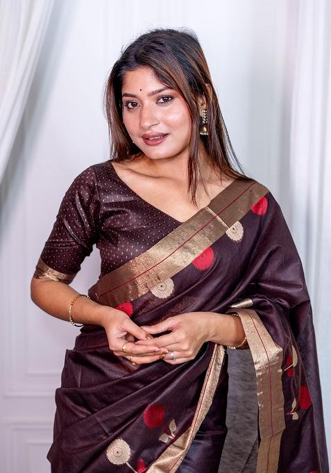 Brown Jamdani Weaving Linen Silk Saree Set