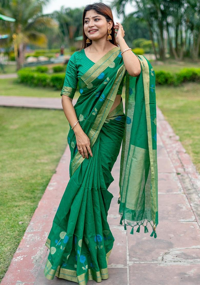 Green Jamdani Weaving Linen Silk Saree Set