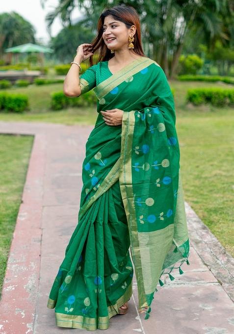Green Jamdani Weaving Linen Silk Saree Set
