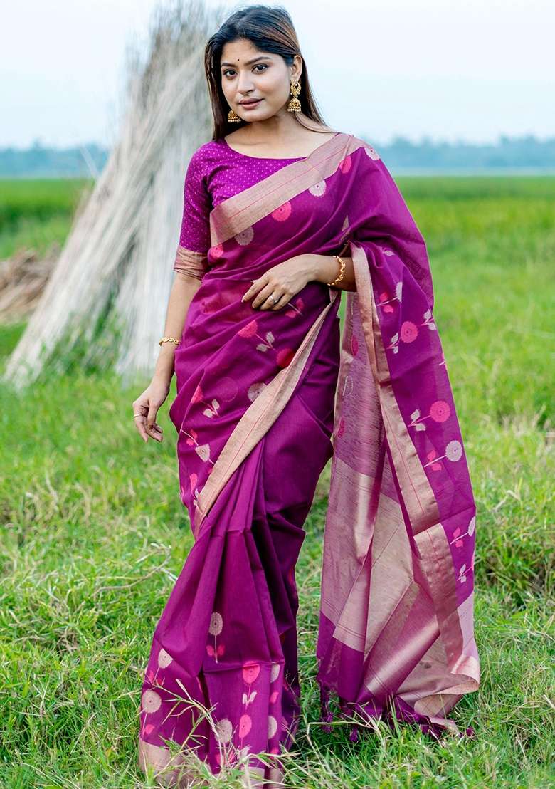 Rani Pink Jamdani Weaving Linen Silk Blend Saree Set for Diwali | Wedding & Festive Wear - Indya