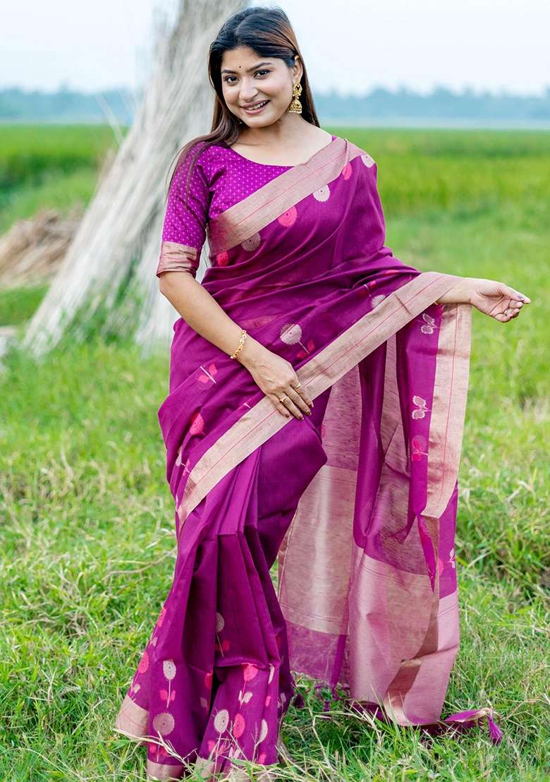 Rani Pink Jamdani Weaving Linen Silk Blend Saree Set for Diwali | Wedding & Festive Wear - Indya