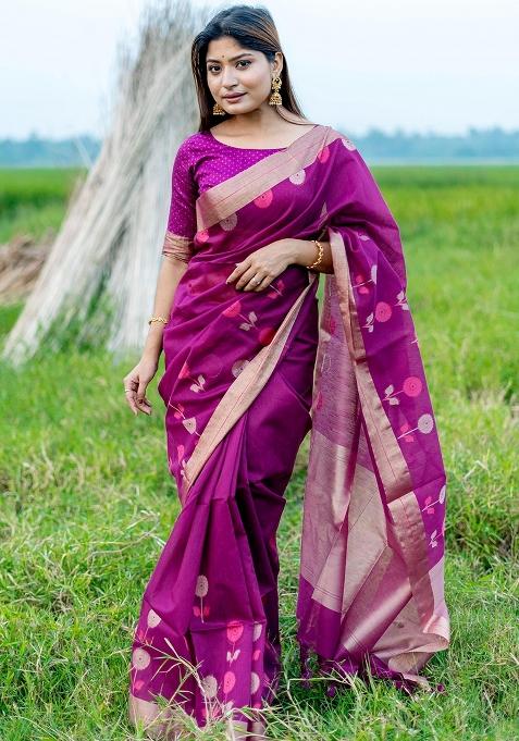 Rani Pink Jamdani Weaving Linen Silk Saree Set
