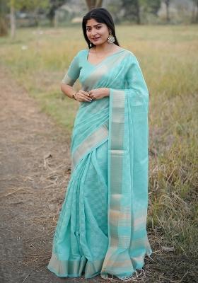 Blue Zari Weaving Silk Blend Saree Set