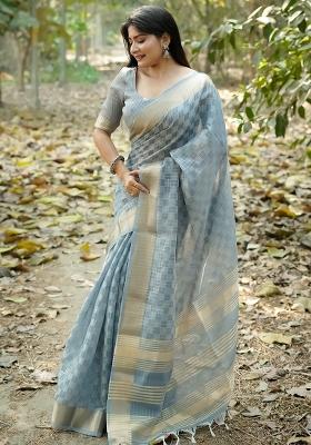 Grey Zari Weaving Silk Blend Saree Set