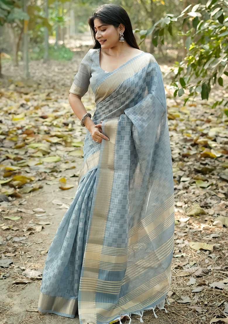 Grey Zari Weaving Silk Blend Saree Set for Diwali | Wedding & Festive Wear - Indya