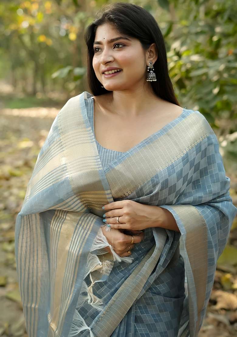 Grey Zari Weaving Silk Blend Saree Set for Diwali | Wedding & Festive Wear - Indya