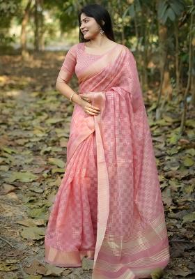 Pink Zari Weaving Silk Blend Saree Set
