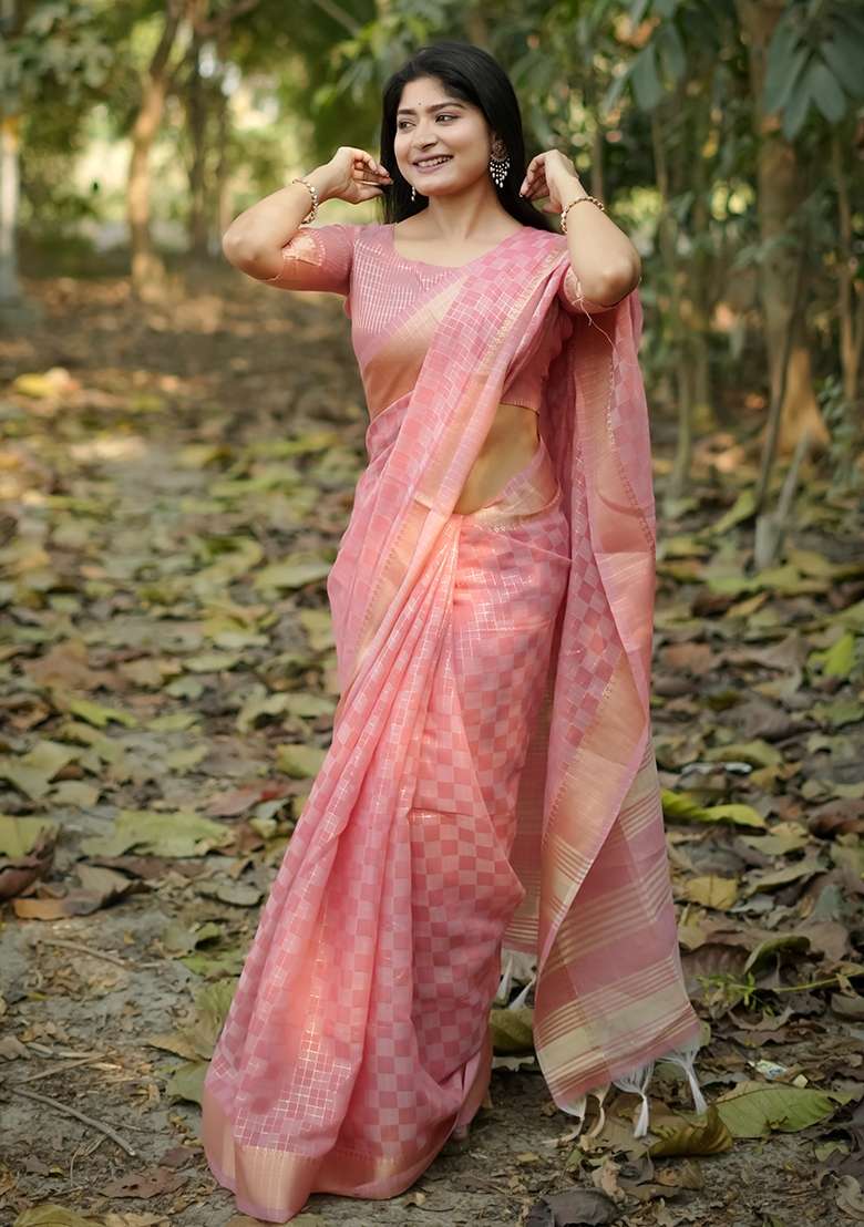 Pink Zari Weaving Silk Blend Saree Set for Diwali and Festive Wear - Indya