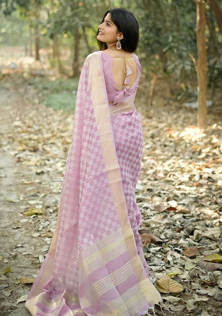 Purple Zari Weaving Silk Blend Saree Set for Diwali | Wedding & Festive Wear - Indya