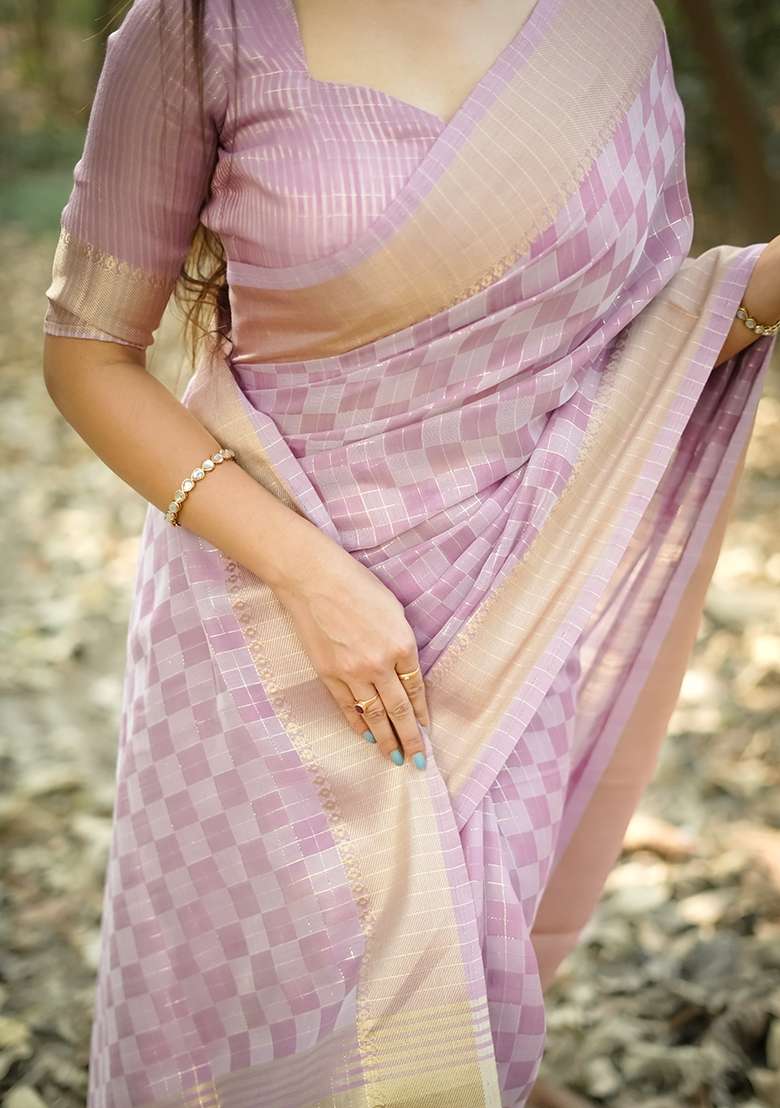 Purple Zari Weaving Silk Blend Saree Set for Diwali | Wedding & Festive Wear - Indya