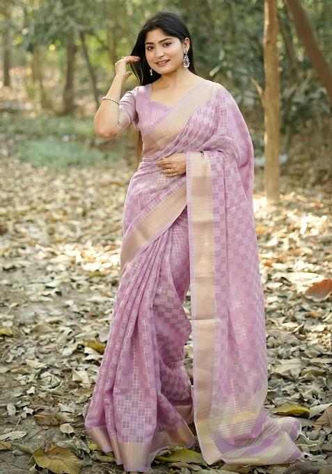 Purple Zari Weaving Silk Saree Set