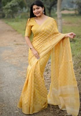 Yellow Zari Weaving Silk Blend Saree Set