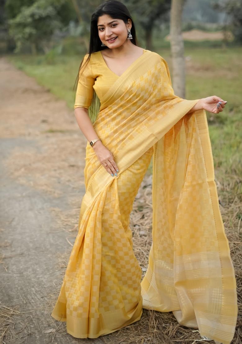 Yellow Zari Weaving Silk Saree Set