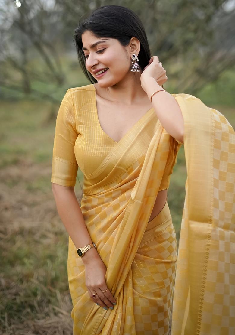 Yellow Zari Weaving Silk Saree Set