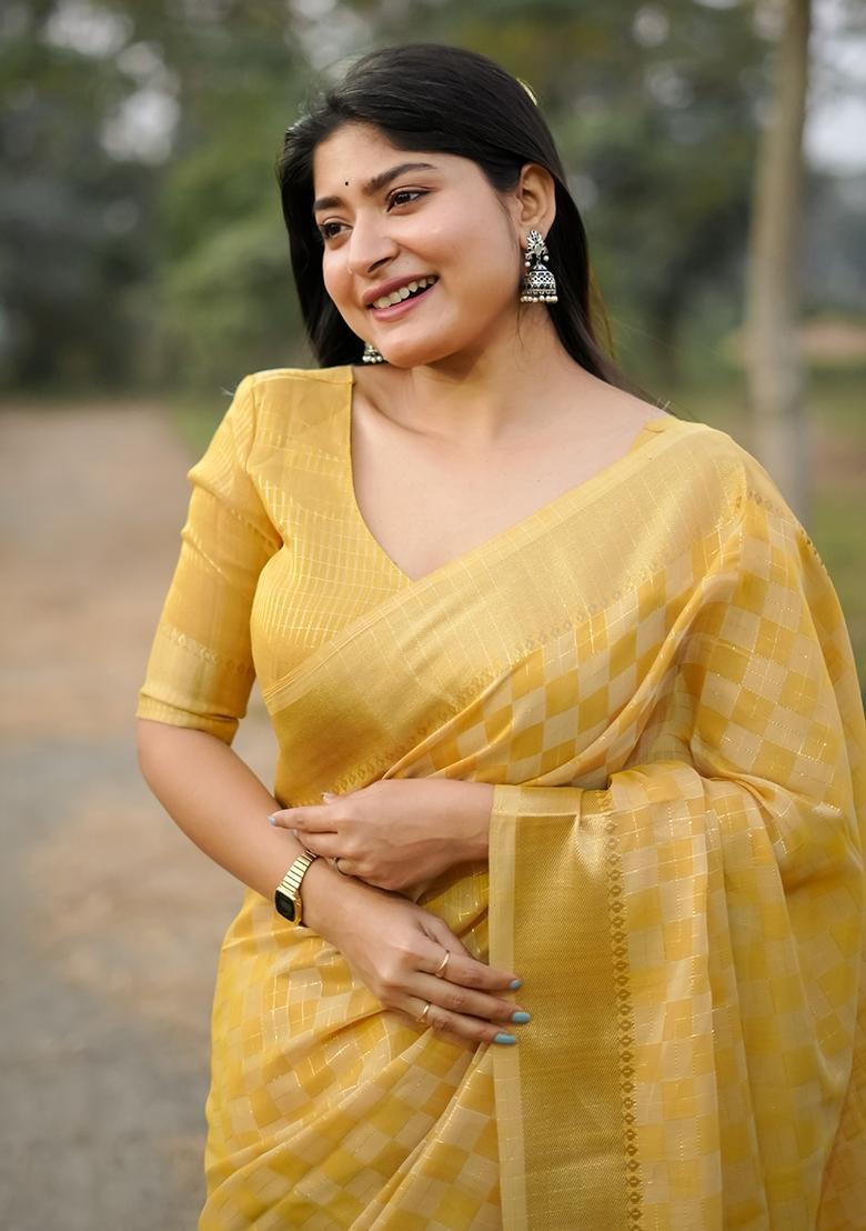 Yellow Zari Weaving Silk Saree Set