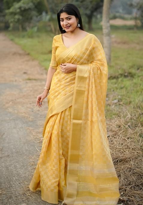 Yellow Zari Weaving Silk Saree Set