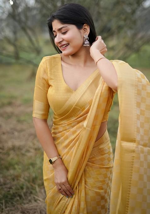 Yellow Zari Weaving Silk Saree Set