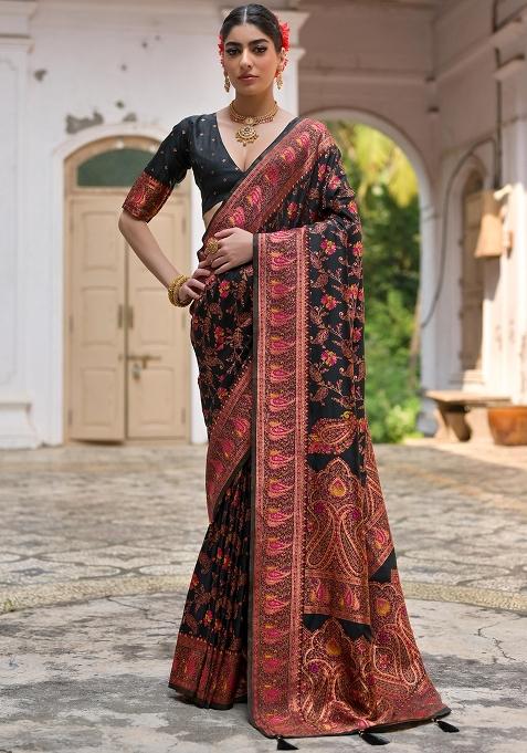Black Meenakari Zari Weaving Pashmina Silk Saree Set