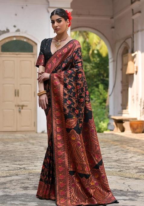 Black Meenakari Zari Weaving Pashmina Silk Saree Set