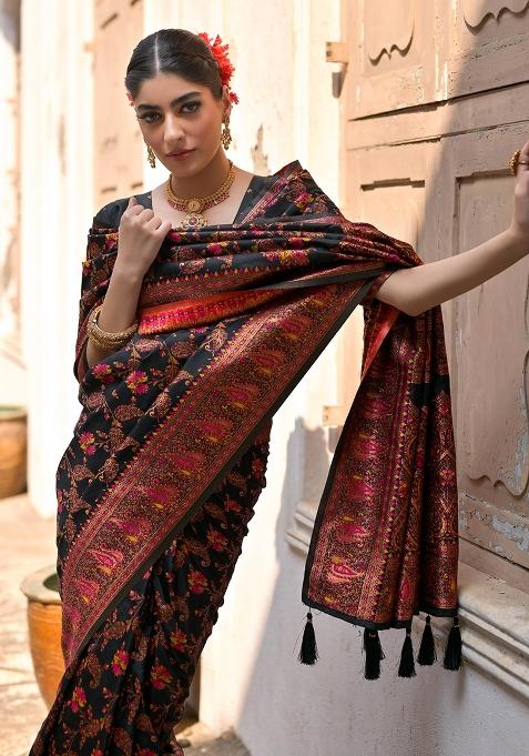 Black Meenakari Zari Weaving Pashmina Silk Saree Set