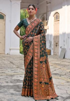 Green Meenakari Zari Weaving Pashmina Silk Blend Saree Set