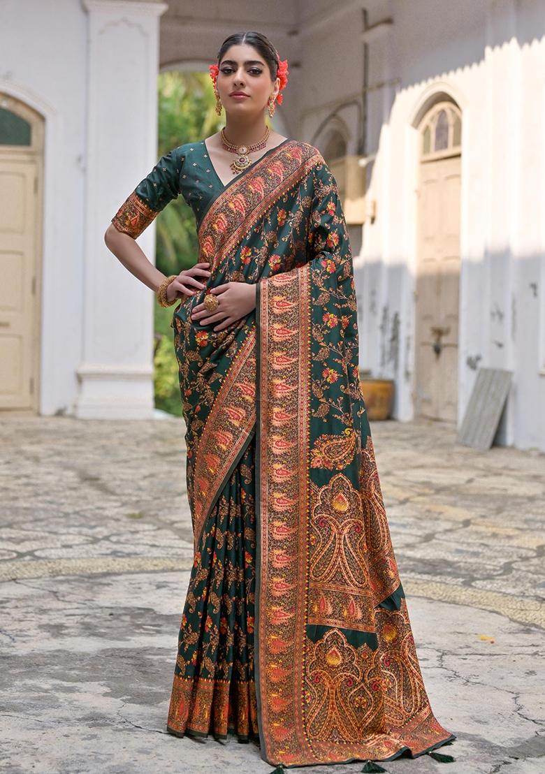 Green Meenakari Zari Weaving Pashmina Silk Saree Set