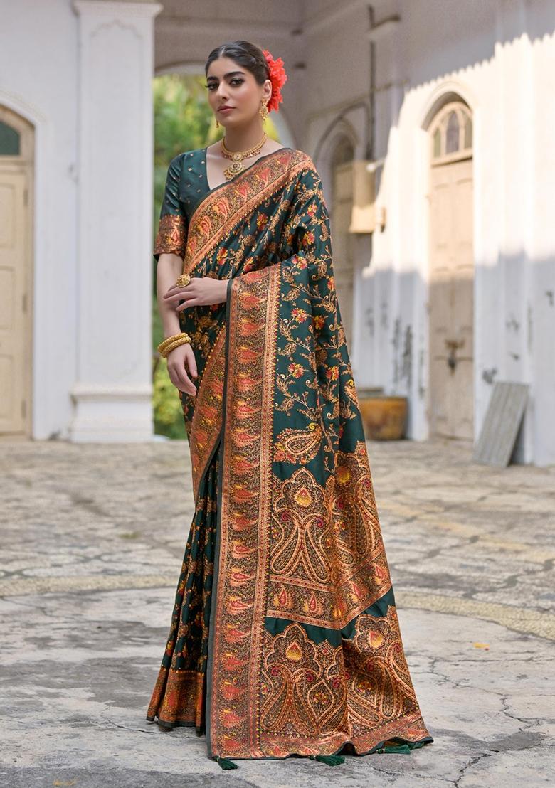 Green Meenakari Zari Weaving Pashmina Silk Saree Set