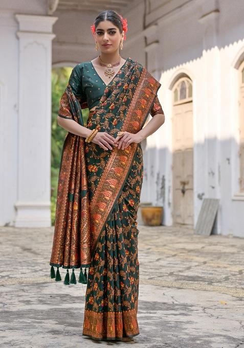 Green Meenakari Zari Weaving Pashmina Silk Saree Set