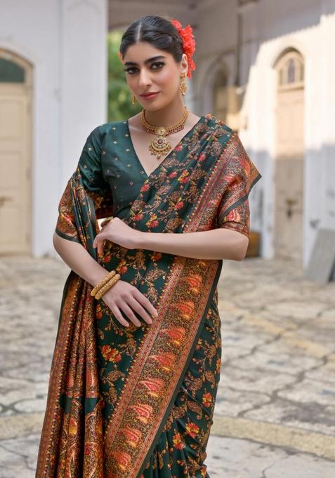 Green Meenakari Zari Weaving Pashmina Silk Saree Set