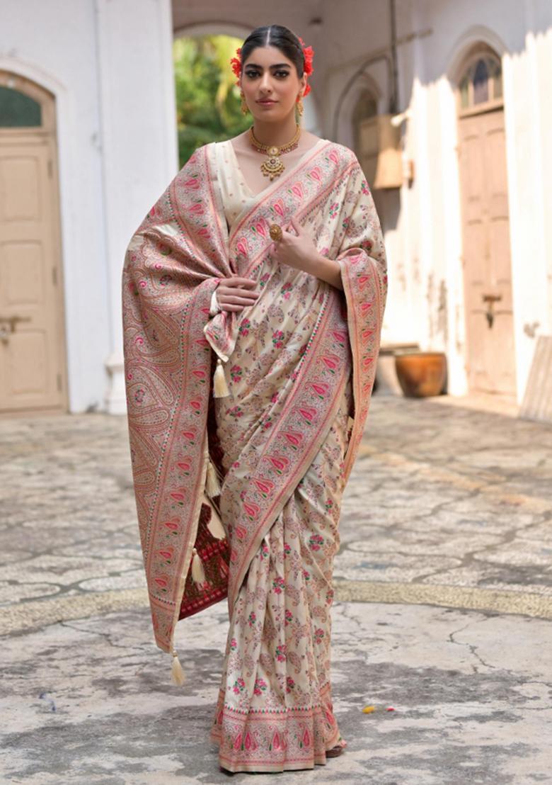 Cream Meenakari Zari Weaving Pashmina Silk Saree Set