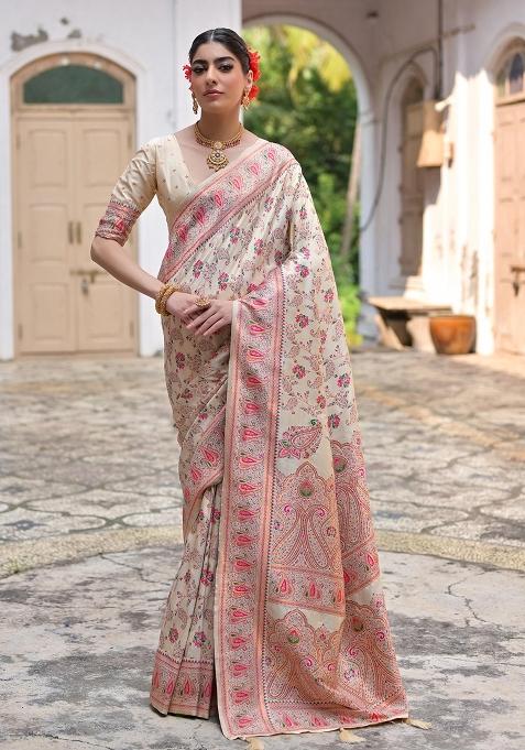 Cream Meenakari Zari Weaving Pashmina Silk Saree Set