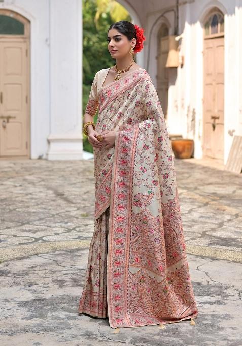 Cream Meenakari Zari Weaving Pashmina Silk Saree Set